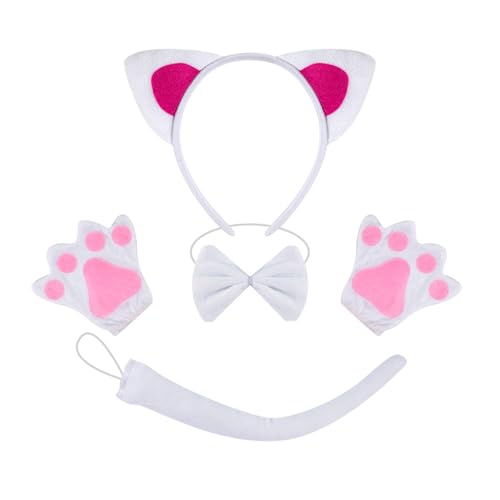 Lerpwige Katzen Kostüm Set Beinhaltet Katzen Schwanz Stirnband Fliege Handschuh Rock Halloween Catgirl Anzieh Outfit Für Kinder Frauen Cosplay von Lerpwige