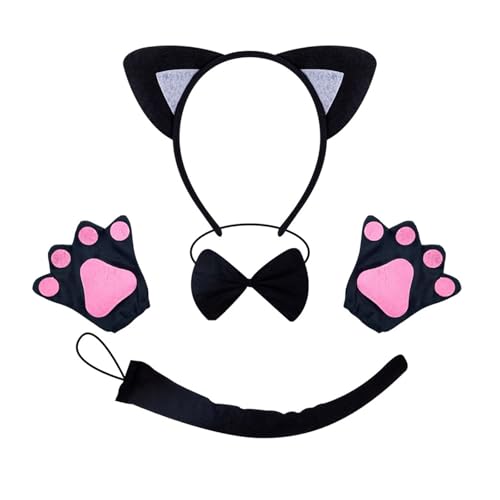 Lerpwige Katzen Kostüm Set Beinhaltet Katzen Schwanz Stirnband Fliege Handschuh Rock Halloween Catgirl Anzieh Outfit Für Kinder Frauen Cosplay von Lerpwige