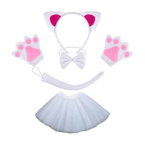 Lerpwige Katzen Kostüm Set Beinhaltet Katzen Schwanz Stirnband Fliege Handschuh Rock Halloween Catgirl Anzieh Outfit Für Kinder Frauen Cosplay von Lerpwige