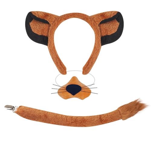 Lerpwige Löwen Headban Set Lions Ohrs Haare Haop Plüsch Heck Hund False Nase Tiere Cosplay Kostüm Set Für Halloween Cosplay Party von Lerpwige