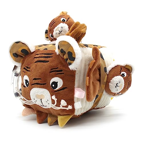 Les Deglingos – Aktivitätswürfel aus Stoff Speculos der Tiger – Spielzeug mit Ton und Berührung für Babys – Entwicklungsspielzeug – Geschenk zur Geburt – 12 cm – Ocker von LES DÉGLINGOS