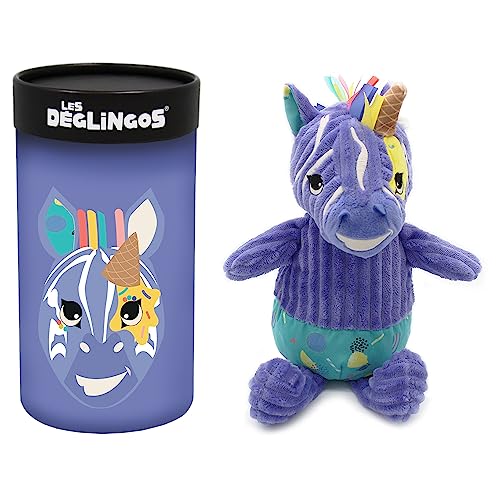 Les Déglingos - Plüschtier mit Geschenkbox, groß Simply Kiprokos Das Zebra – Ideal als erstes Plüschtier – Violett und buntes Plüschtier aus Cord – geeignet ab Geburt – 23 cm sitzend von Les Déglingos