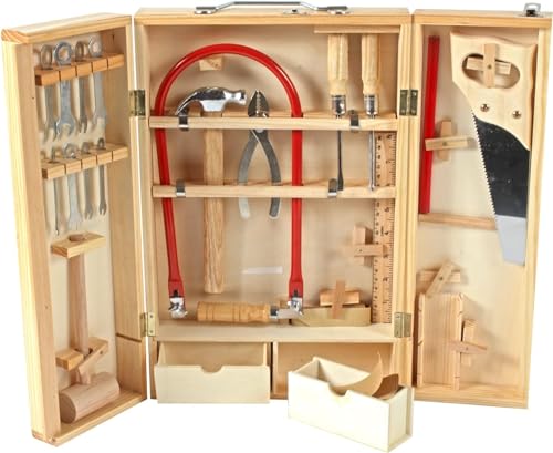 PLANÈTE BOIS - Holzwerkzeugkasten mit echten Werkzeugen - FSC - 098927-25 Teile - Beige - Holz - Kinderspiel - Montessori - Motorik - Basteln - 26 cm x 40 cm - Ab 8 Jahren von PLANÈTE BOIS