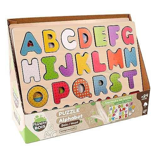 Les Zamibois 052462A PLANÈTE Bois-Alphabet-Puzzle-FSC-Lernspiel-Erste Überlegungen-052462A-26 Teile-Mehrfarbig-Holz-Kinderspiel-Kinderpuzzle-30 cm x 22,5 cm-Ab 2 Jahren, Holz von Les Zamibois