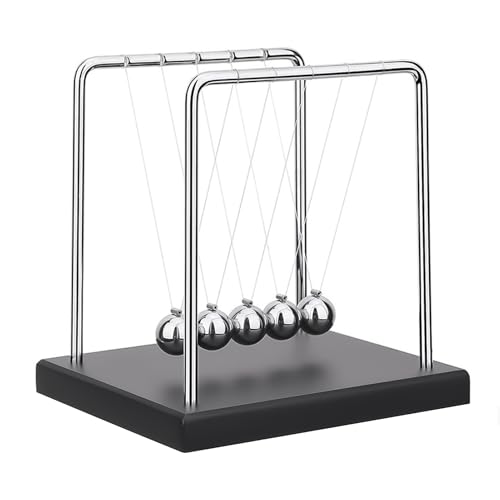 LetCart Newton's Cradle Balance Ball Toy, Schreibtischdekoration aus Stahl mit Holzsockel für Büro & Zuhause, Physik Wissenschaft Kinetische, 5-Ball Swinging Relaxation Tool (19.5x12x15cm, Silber) von LetCart