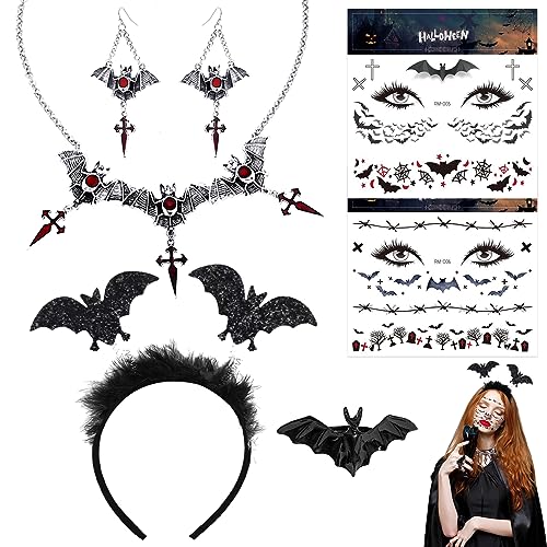 Lets Joy 1 Halloween Stirnband, 1 Halskette Fledermaus, 2 Fledermaus Tattoos, 1 Ring Spinne, 1 Paar Fledermaus Ohrringe, Fledermaus Haarband Accessoires, Halloween Karneval Kostüm Party von Lets Joy