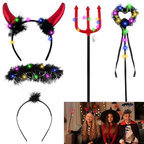 Lets Joy 4PCS Halloween Teufel Kostüm Accessoires, LED Halloween Teufel Haarreif, Teufel Hörner Haarreif mit Teufelsdreizack, Leuchtend Halloween Karneval Cosplay Party Kostüm von Lets Joy