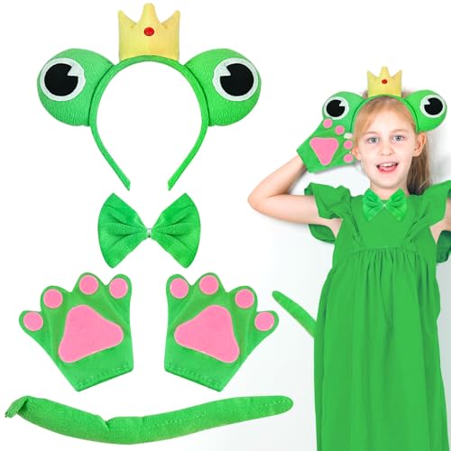 Lets Joy Froschkostüm Erwachsene Kinder, 5PCS Frosch Kostüm Zubehör, Frosch König Haarreifen, Frosch Cosplay Set, Frosch Kostüm, Frosch Stirnband Handschuhe Froschschwanz Fasching Karneval Accessoire von Lets Joy