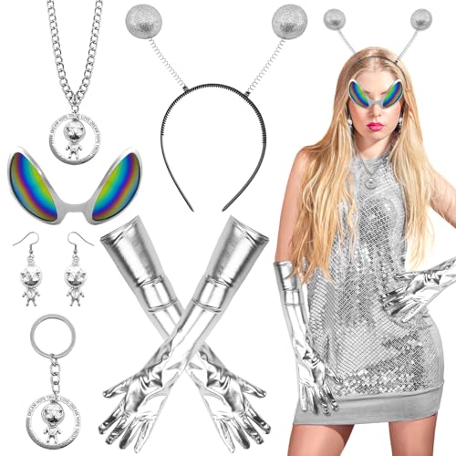 Lets Joy 6-Teiliges Alien Kostüm Set, Alien Kostüm Damen Zubehör, Glitzer Alien Haarreif, Alien Costume Accessory, Alien Glasses Earrings Headband Silber Handschuhe, Alien Cosplay Carnival Party von Lets Joy