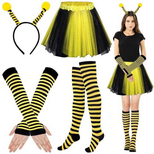 Lets Joy 6PCS Biene Kostüm, Marienkäfer Kostüm, Bienen Kostümzubehör, Bienenkostüm Erwachsene, Bee Marienkäfer Haarreif Tüllrock, Fingerlose Handschuhe Überkniestrümpfe Karneval Cosplay Kostüm von Lets Joy