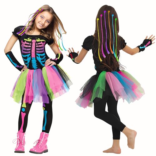 Lets Joy Buntes Skelett Kleid Set, Halloween Hexenkostüm Mädchen, Skelett Kostüm für Kinder, Gruseliges Sensenmann Skelett Kostüm mit Buntes Perücken, Halloween Karneval Cosplay Kinder (M-(120-130)cm) von Lets Joy