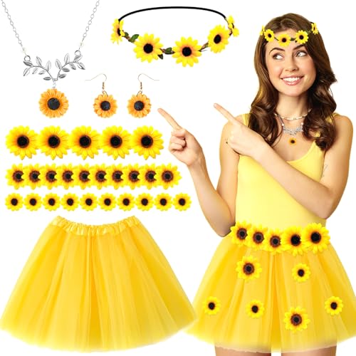 Lets Joy Damen Sonnenblumen Kostüm, Sonnenblumen Kostüm Accessoires Set, Sonnenblumen Headband, Sonnenblumen Blütenköpfe, Tutu Skirt Halskette Earrings Zubehör, Karneval Copslay von Lets Joy