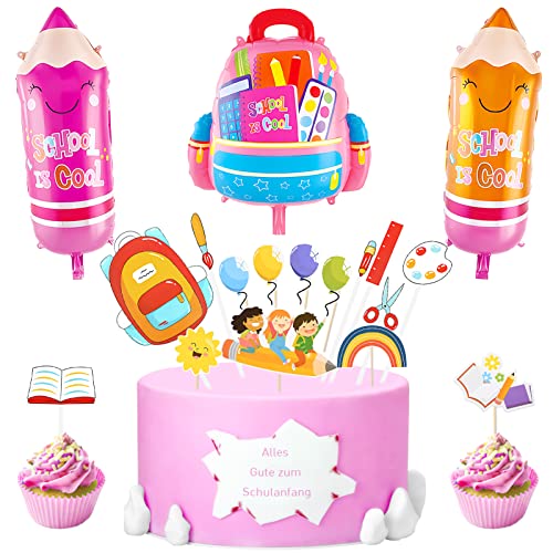 Lets Joy Einschulung Deko Set Jungen Mädchen, Schulanfang Deko 2023, Schulanfang Tortendeko, Cupcake Topper Luftballon,1 Schultüte Folienballon+ 2 Pencil Folienballons+15 Schulanfang Cupcake Topper von Lets Joy