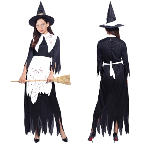 Lets Joy Horror Nonne Kostüm, Halloween Nonnen Kostüm Damen, Halloween Zombie Heisterbraut Kostüm, Halloween Horror Kostüm mit Hexenhut Spitzmütze, Geisterbraut Zombie Kostüm Cosplay von Lets Joy