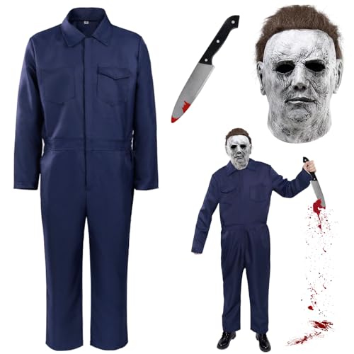 Lets Joy Halloween Horror Costüm, Halloween Killer Overall, Halloween Kostüm für Erwachsene, Halloween Killer Arbeitsoverall mit Halloween Gruselmaske, Halloween Cosplay Kostümpartys Accessoire von Lets Joy