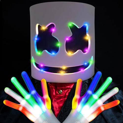 Lets Joy Halloween Maske, DJ Maske LED, Halloween Maske Totenkopf, Halloween Kostüm Zubehör, Halloween Maske und LED Handschuhe, Maske Glow in the Dark Halloween Karneval Musikfestival Cosplay von Lets Joy