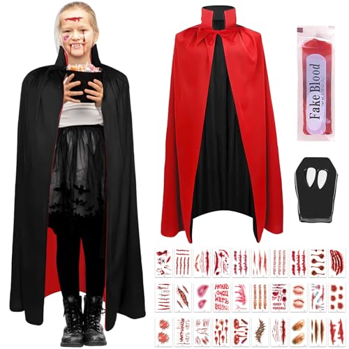 Lets Joy Halloween Umhang, Vampir Umhang, Vampir Kostüme, Schwarz Rot Kapuzenumhang Doppelseitig, Halloween Kostüm Set, Halloween Scars Tattoos, Vampirzähne und Kunstblut, Halloween Karneval Kostüm von Lets Joy