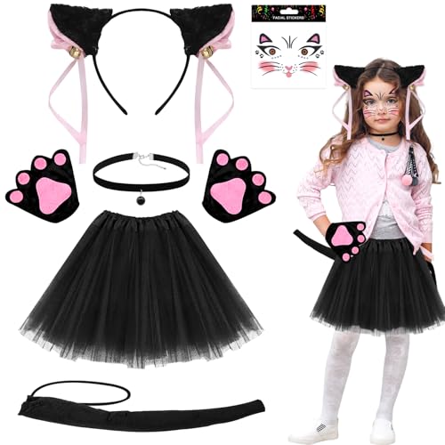 Lets Joy Katze Kostüm Kinder, Katzen Kostüm Mädchen Kinder, Katze Cosplay Set, Katzenohren Stirnband, Katzenschwanz Gesichtstattoo Pfoten Halsband Tüllrock Schleife Mädchen, Karneval Katzenkostüm von Lets Joy