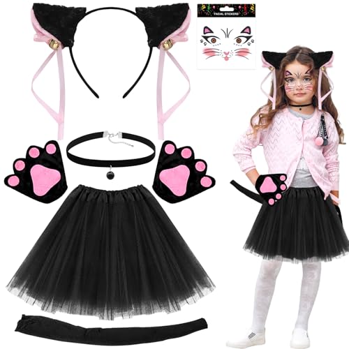 Lets Joy Katze Kostüm Kinder, Katzen Kostüm Mädchen Kinder, Katze Cosplay Set, Katzenohren Stirnband, Katzenschwanz Gesichtstattoo Pfoten Halsband Tüllrock Schleife Mädchen, Karneval Katzenkostüm von Lets Joy