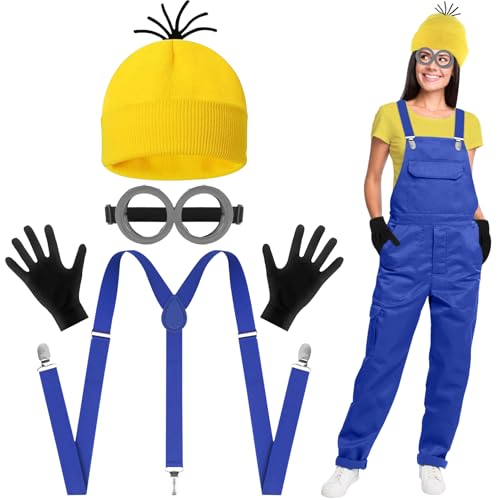 Lets Joy Gelbes Kostüme Karneval, 4 Stück Karneval Kostüm Zubehör, Gelber Hut+ Rund Schutzbrille+ Handschuhe+ Hosenträger, Erwachsene Kinder Halloween Cosplay Karneval Kostüm Mottoparty von Lets Joy