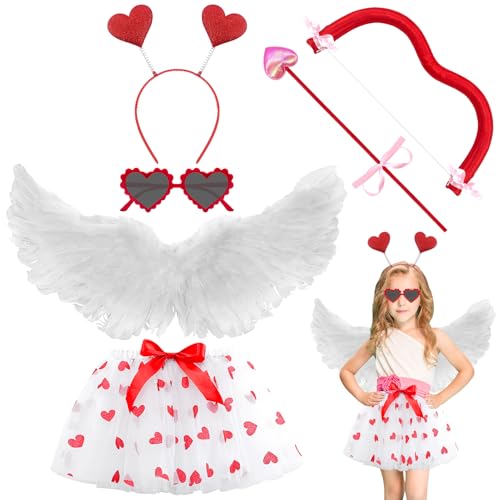 Lets Joy Kostüme für Kinder, 5 Stück Karneval Kostüm Zubehör, Amor Kostüm Mädchen, Amor Kostüm Accessoires, Herzchen Tutu Flügel Enge Herz Stirnband Brillen Pfeil Bogen, Karneval Party Zubehör (L) von Lets Joy