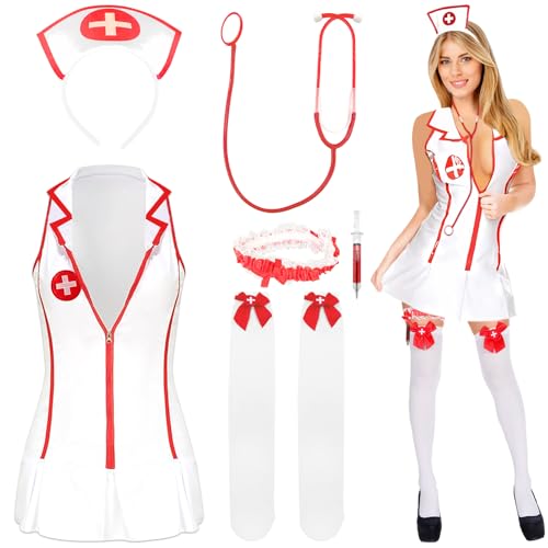 Lets Joy Krankenschwester Kostüm Damen, Krankenschwester Zubehör Set, Kostüm Karneval Krankenschwester, Krankenschwester Cosplay Set, Kniestrümpfe Haarreif Halloween Karneval Fasching Zubehör (A) von Lets Joy