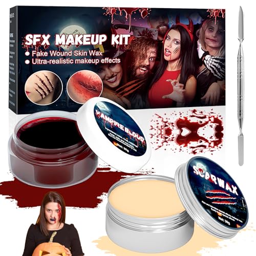 Lets Joy Kunstblut Halloween,Halloween Schminke Make Up Set, Kunstblut Blutcreme, Halloween Schminke Wachs, Halloween Narbenwachs und Spatel Werkzeug, Halloween Karneval Zombie Make up von Lets Joy