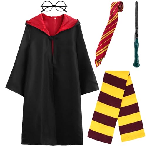 Lets Joy Magier Robe, 5 Stück Karneval Kostüm Zubehör, Karneval Kostüme für Kinder, Cosplay Kostüm Accessoires, Krawatte Schal Zauberstab Robe Brillen, Karneval Cosplay Kostüm (Größe(125-135) cm) von Lets Joy