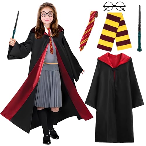 Lets Joy Magier Robe, 5 Stück Karneval Kostüm Zubehör, Karneval Kostüme für Kinder, Cosplay Kostüm Accessoires, Krawatte Schal Zauberstab Robe Brillen, Karneval Cosplay Kostüm (Größe(135-145) cm) von Lets Joy