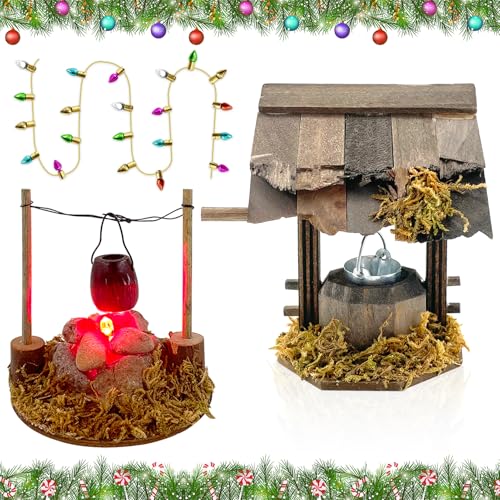 Lets Joy Miniatur Zubehör, Miniatur Picknick Zubehör, Miniatur Lagerfeuer mit LED, Mini Puppenhaus Zubehör, Miniatur Brunnen mit Beweglichen Eimer, Weihnachten Dekorative Ornamente, Puppenhaus Set von Lets Joy