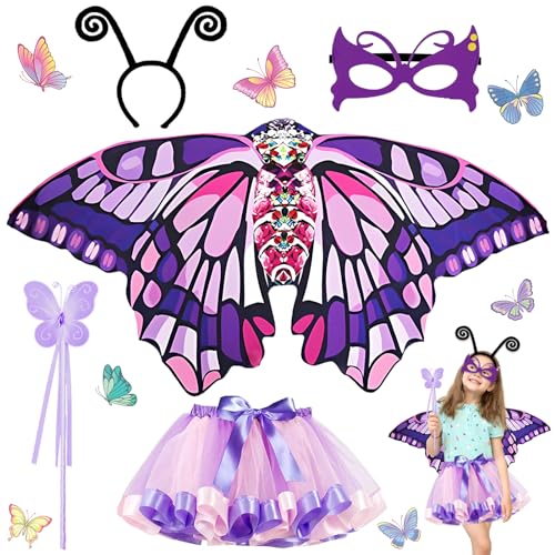 Lets Joy Schmetterling Kostüm Kinder, 5 Stück Schmetterling Kostüm Set, Schmetterlingsflügel Kinder, Butterfly Costume, Schmetterling Flügel mit Maske Tüllrock Haarreif Feenstab von Lets Joy