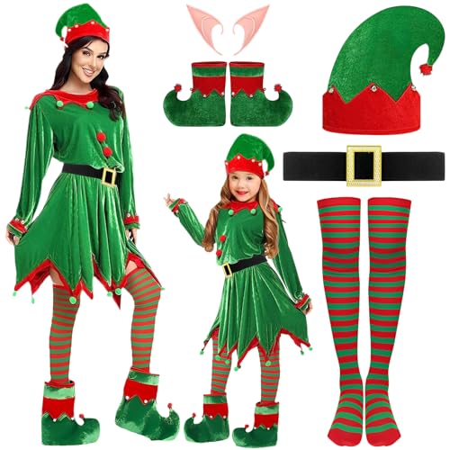 Lets Joy Weihnachtself Kostüm Set, Elfenkostüm Kinder Mädchen, Weihnachtsfeiern Kostüm, Wichtel Kleid, Elfenohren Kleid Hat Socken Schuhe Gürtel Zubehör, Weihnachts Cosplay (Größe110-(105-110cm)) von Lets Joy