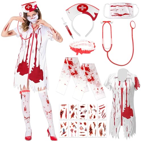 Lets Joy Halloween Kostüm Damen, Zombie Krankenschwester Kostüm Damen, Kostüm Zombie Krankenschwester, Krankenschwester Zombie Set, Kniestrümpfe Haarreif Tattoo Halloween Karneval Fasching Zubehör von Lets Joy