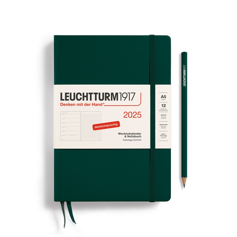 Leuchtturm1917 Kalender & Notizbuch 1 Woche auf 1 Seite 2025 Medium A5 Hardcover Forest Green, punktkariert von Leuchtturm1917