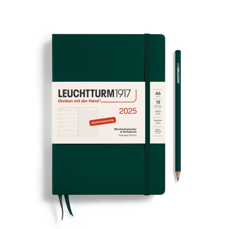 Leuchtturm1917 Kalender & Notizbuch 1 Woche auf 1 Seite 2025 Medium A5 Hardcover Forest Green, punktkariert von Leuchtturm1917