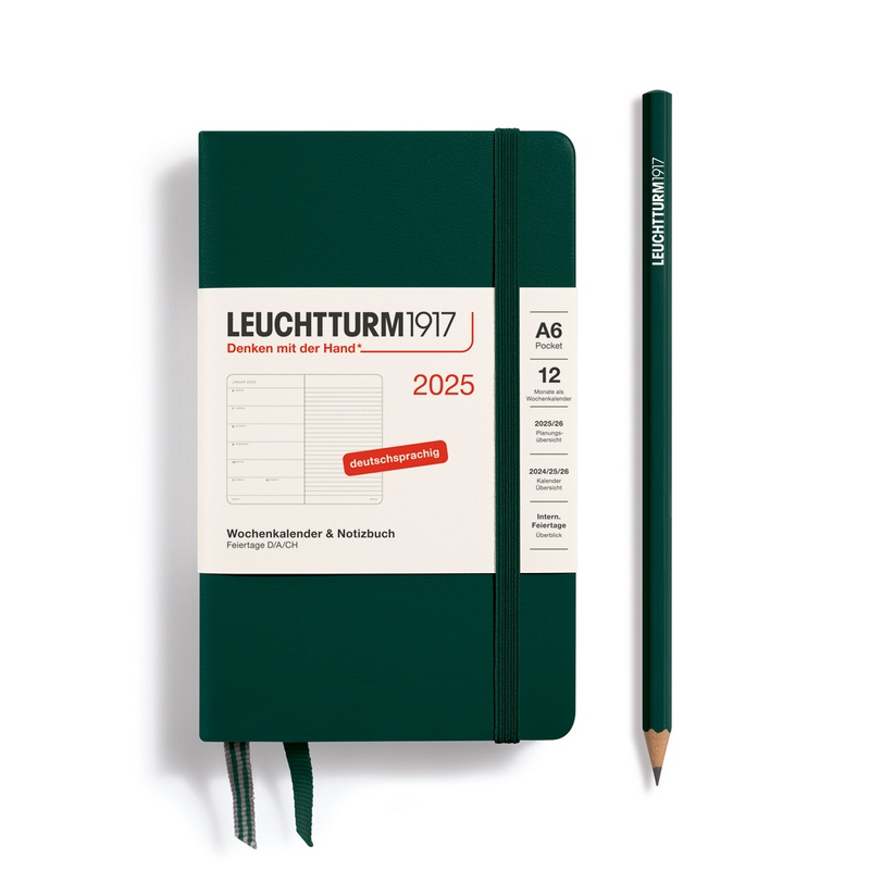 Leuchtturm1917 Kalender & Notizbuch 1 Woche auf 1 Seite 2025 Pocket A6 Hardcover Forest Green, liniert von Leuchtturm1917