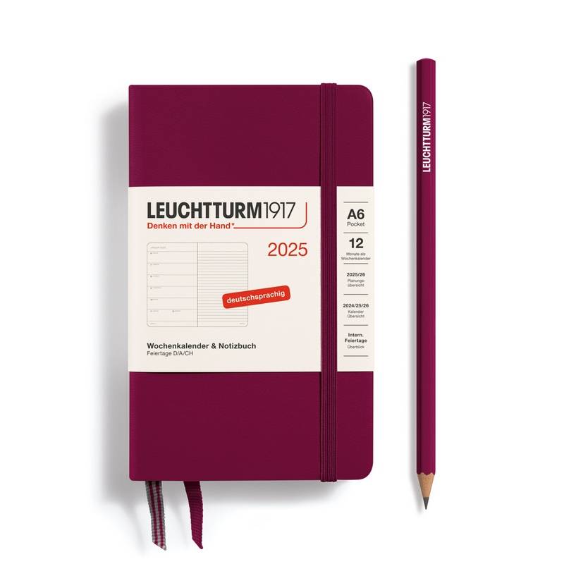 Leuchtturm1917 Kalender & Notizbuch 1 Woche auf 1 Seite 2025 Pocket A6 Hardcover Port Red, liniert von Leuchtturm1917