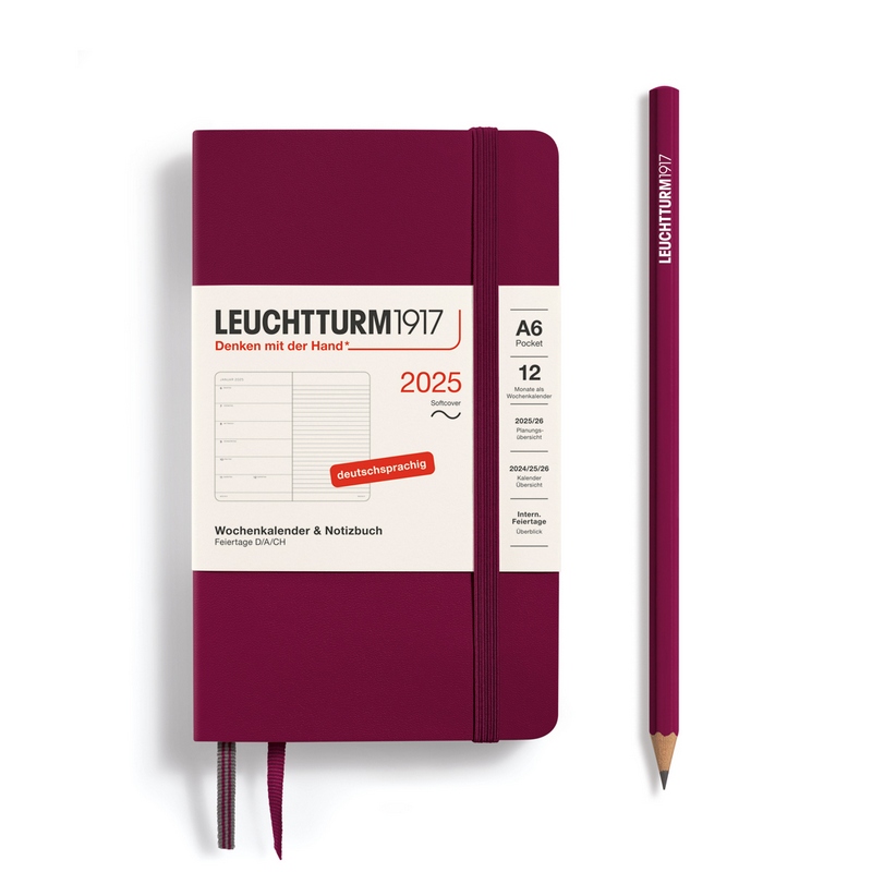 Leuchtturm1917 Kalender & Notizbuch 1 Woche auf 1 Seite 2025 Pocket A6 Softcover Port Red, liniert von Leuchtturm1917