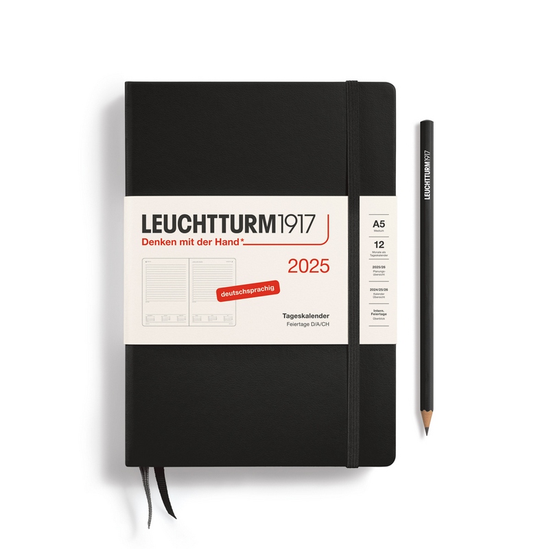 Leuchtturm1917 Tageskalender 1 Tag auf 1 Seite 2025 Medium A5 Hardcover Schwarz von Leuchtturm1917