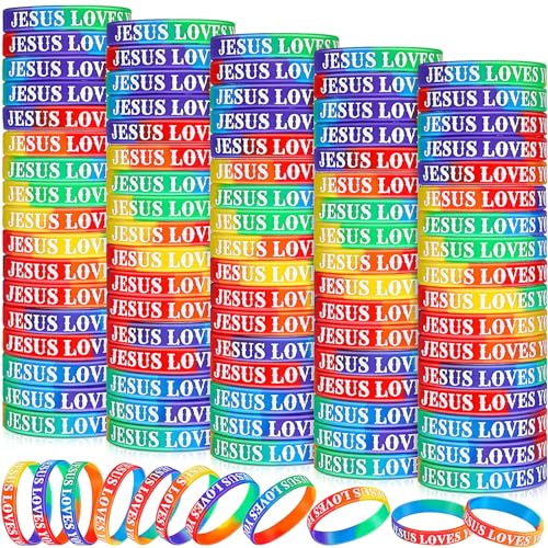 Lewtemi 100 Stück Jesus liebt dich, Silikon-Armband, bunt, Gummi-Armbänder, christliches Armband, große motivierende Gummi-Armbänder, inspirierendes Armband für Männer und Frauen, Partyzubehör von Lewtemi