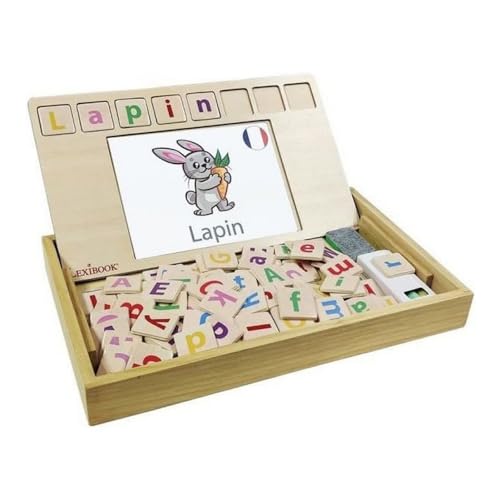 LEXIBOOK EDU100i1 Bio Toys Wortschule, zweisprachig Französisch/Englisch, Holzspiel, 50 Wortkarten, Alphabet, Lernspiel, Mehrfarbig, Einheitsgröße von Lexibook