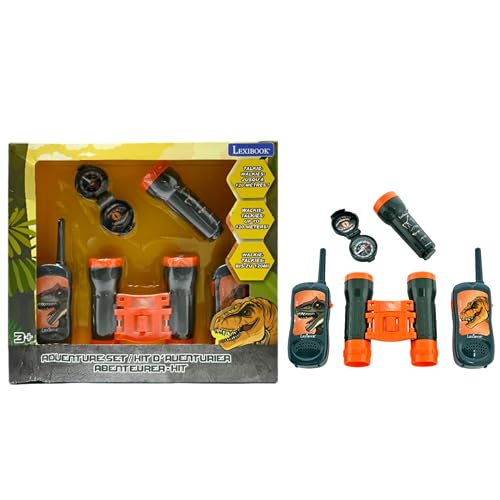 Lexibook, Dinosaurier, Abenteurer-Set für Kinder, Walkie-Talkies 120m, Fernglas, Kompass, Taschenlampe, Grau/orange, RPTW12DINO von Lexibook