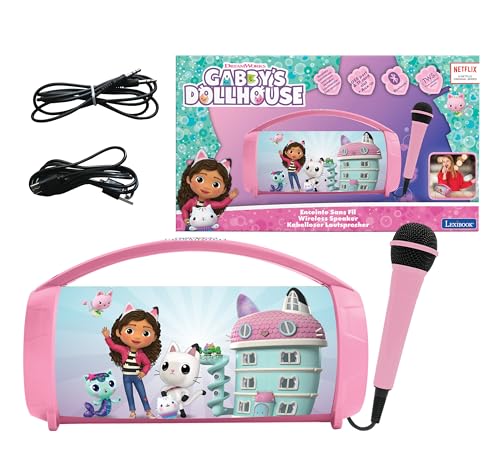 Lexibook, Gabby's Dollhouse, Kabelloser Lichtlautsprecher mit Mikrofon, Stereosound, Karaoke-Funktion, USB- und SD-Kartenanschluss, wiederaufladbarer Akku, Tragegriff, Rosa, BTP585GDHZ von Lexibook