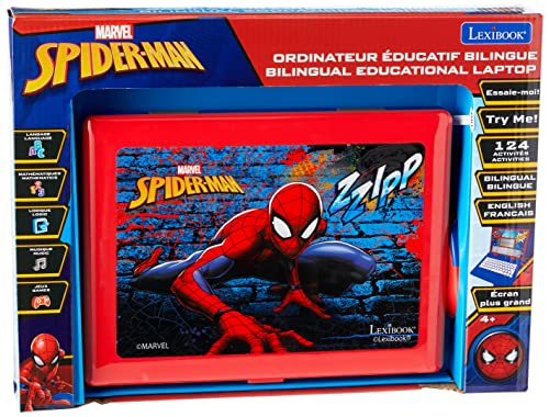 LEXIBOOK Disney Marvel Spider-Man – pädagogischer und zweisprachiger Laptop Französisch/Englisch – Spielzeug für Kind (Jungen und Mädchen) 124 Aktivitäten, Spielen und Musik Lernen – Blau/Rot, von Lexibook