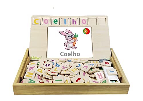 LEXIBOOK Bio Toys Wortschule, zweisprachig Englisch/Portugiesisch Holz, 50 Karten, Alphabet, Lernspiel von Lexibook