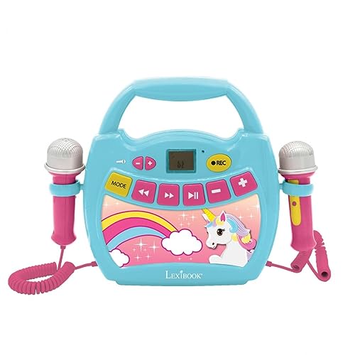 Lexibook MP300UNIZ Einhorn, Mein erster Karaoke Musikplayer mit 2 Spielzeugmikrofonen, kabellos, Aufnahmefunktion, Stimmeneffekt, pink/blau von Lexibook