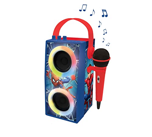 Lexibook - Marvel Spiderman - Tragbarer, leuchtender Bluetooth-Lautsprecher mit Mikrofon, Karaoke, Lichteffekten, drahtlos, USB, SD-Karte, wiederaufladbarer Akku, BTP180SPZ von Lexibook