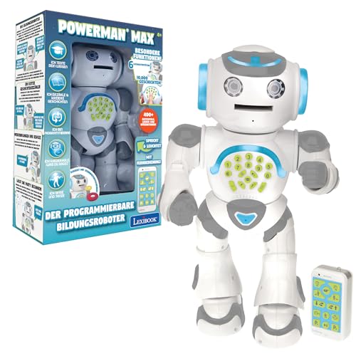 Lexibook Powerman Max, Fernbedienung Gehen Sprechender Spielzeugroboter, STEM Programmierbare, Tänze, Singen, Erzählen von 10.000 Geschichten, Lernquiz, Schießende Discs, Sprachwiederholung, ROB80DE von Lexibook