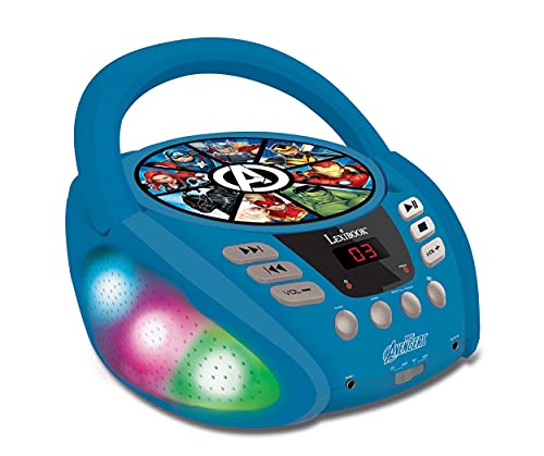 Lexibook RCD109AV Marvel Avengers-Bluetooth-CD-Player für Kinder-Tragbar, Lichteffekte, Mikrofonbuchse, Aux-In, Akku oder Netz, Mädchen, Jungen, Blau/Grau, Schwarz, M von Lexibook