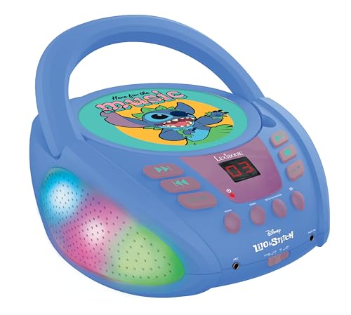 Lexibook RCD109D Disney Stitch Bluetooth-CD-Player für Kinder-Tragbar, mehrfarbige Lichteffekte, Mikrofonbuchse, Aux-in-Buchse, Netz-oder Batteriebetrieb, Mädchen, Jungen, Blau, S von Lexibook